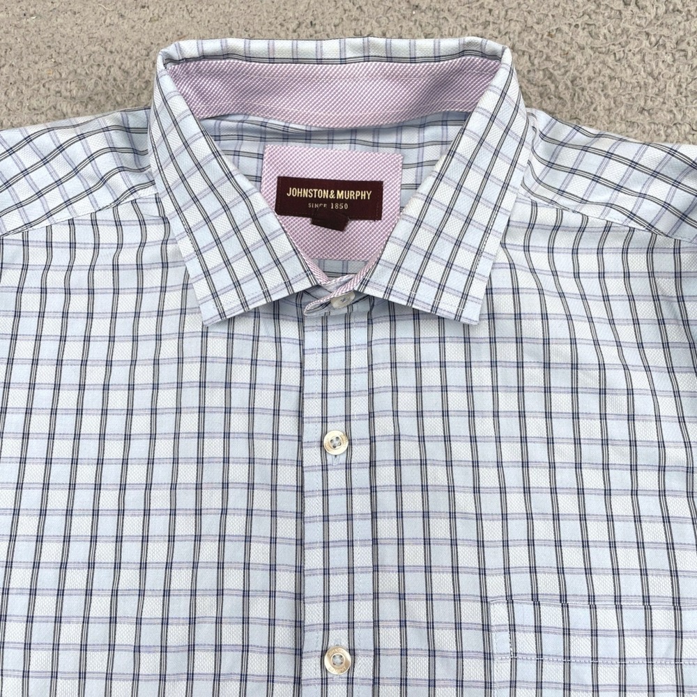 Johnston & Murphy Button Down Shirt Mens XXL Blue Plaid Cotton Long Sleeve Dobby